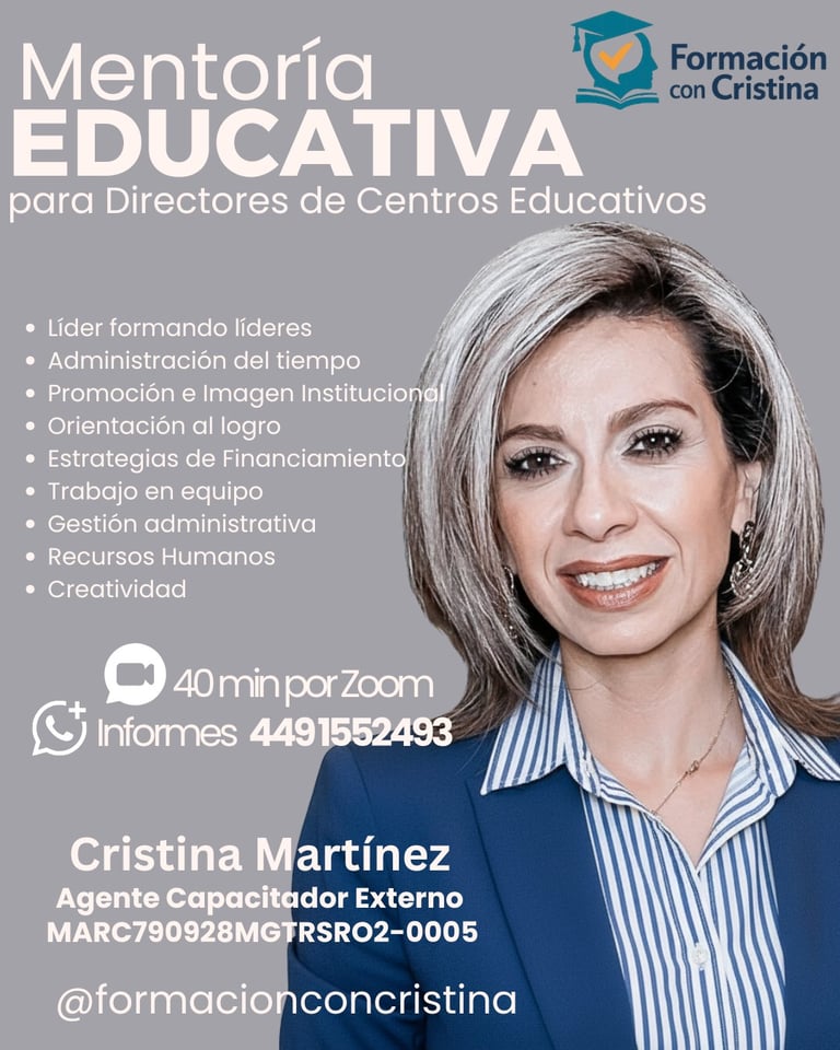Promotional poster for educational mentoring program with woman in striped shirt, listing training topics and contact information for Cristina Martinez