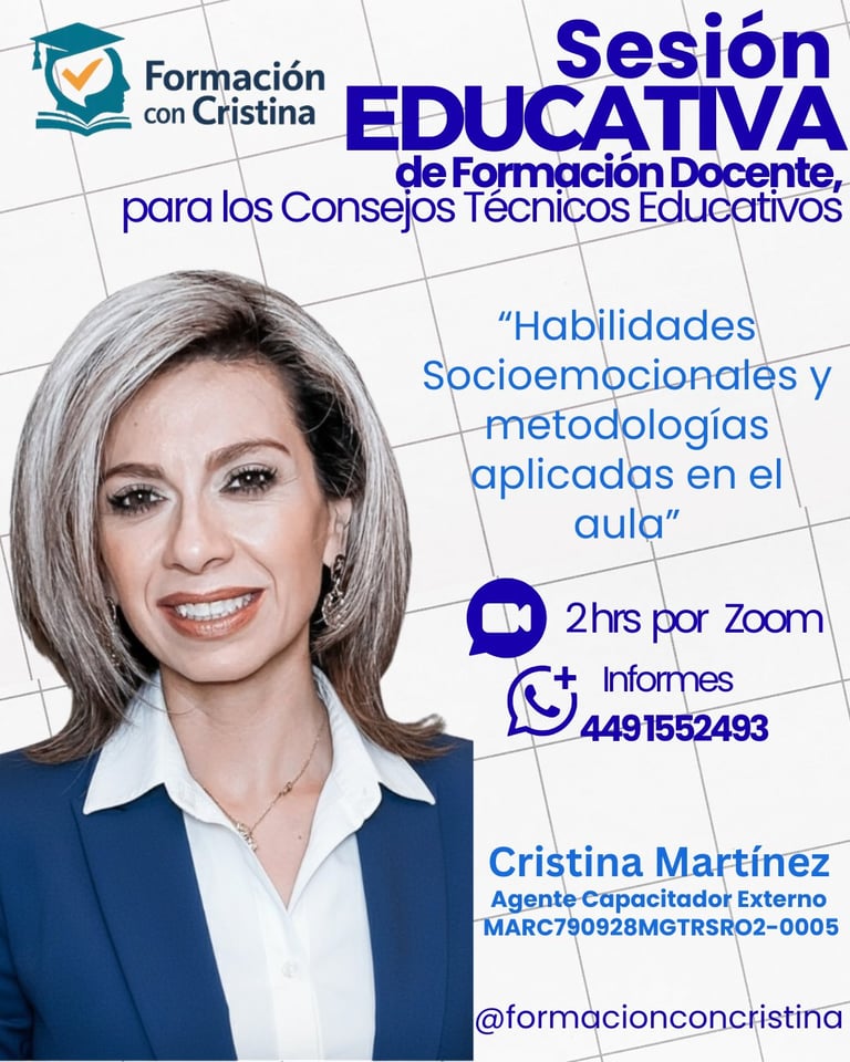 Professional promotional flyer for educational training session with woman in business attire, speaker details, and contact information