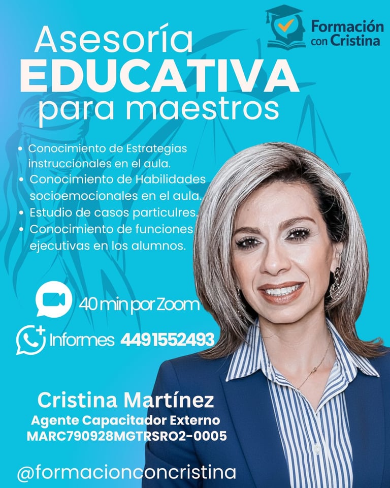 Promotional flyer for educational advisory service featuring instructor Cristina Martinez offering 40-minute Zoom sessions on instructional strategies and executive functions for teachers
