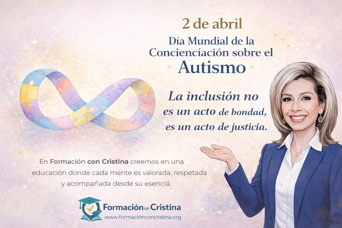 World Autism Awareness Day poster with infinity symbol, Spanish text about inclusion, and professional woman in blue blazer