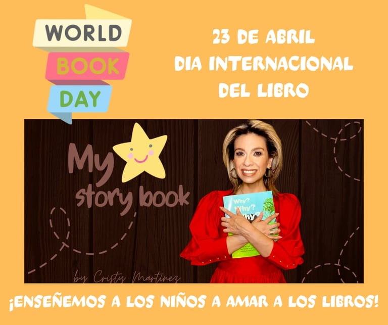 World Book Day poster featuring a smiling woman in red dress holding a colorful storybook against yellow background with Spanish text promoting reading for children