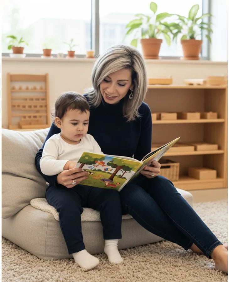 Woman and toddler sitting on a cream-colored chair reading a picture book together in a bright, plant-filled living room