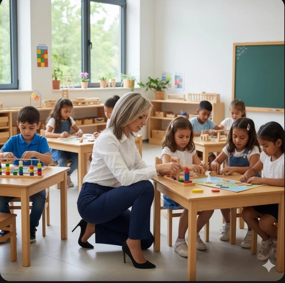 Teacher assisting a diverse group of young children at wooden tables during a classroom art or craft activity