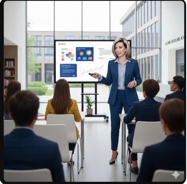 Professional woman in navy blazer presenting data analytics on large screen to seated audience in modern office conference room